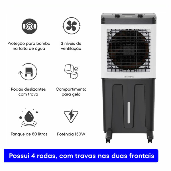 Climatizador De Ar Industrial Evaporativo Umidificador Ventisol Clin80pro 80 Litros 150w 110v - Frio Facil
